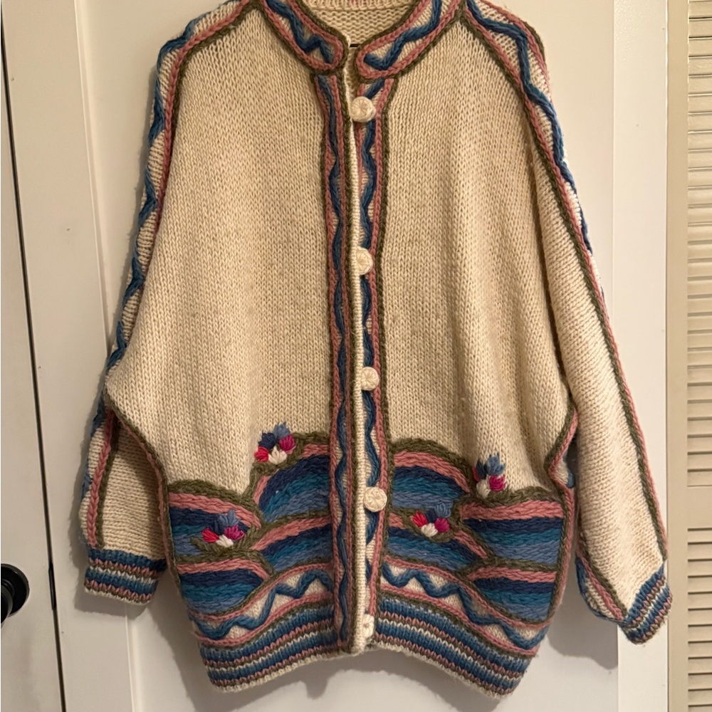 Cozy Multicolor hand Knit Cardigan Sweater with House on back